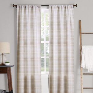 No. 918 Sebastian Tan and White Plain & Check Rod Pocket Panels